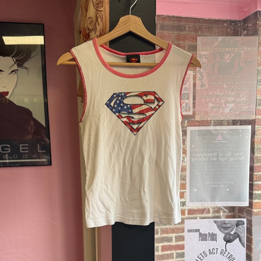Vintage y2k Superman Women's White Tank Top with Pink Trim